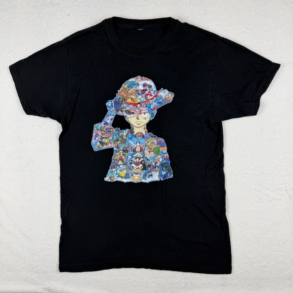One Piece‎ Monkey D Luffy Anime Graphic T-Shirt Black Collage Print Short Sleeve